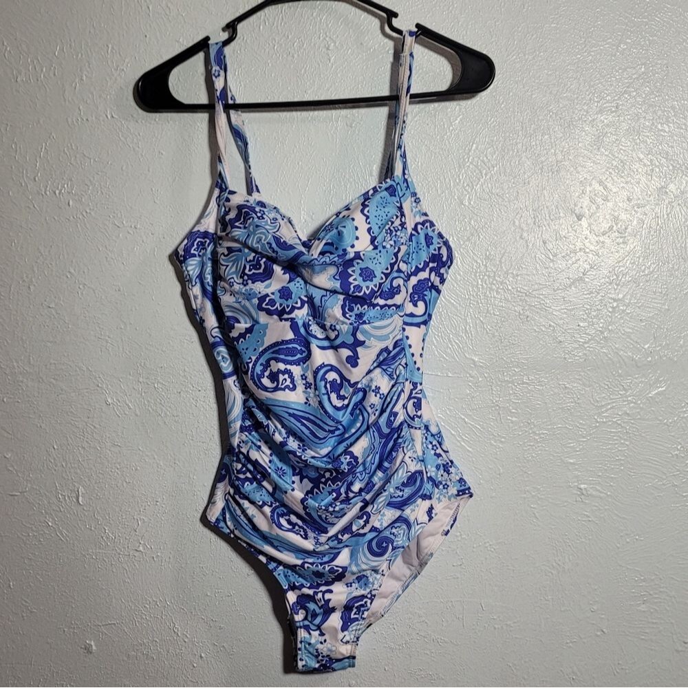 Ekouaer Women's Blue Paisley Print Ruched One-Piece Swimsuit - Size Large - NWT